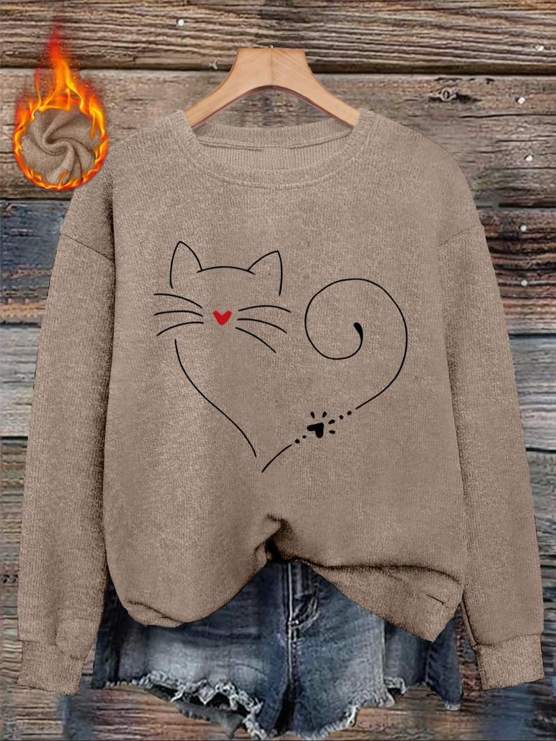 [Autumn and Winter] Kitten Print Women's Casual Fashion Round Neck Faux Wool Top, Women's Round Neck Faux Wool Top, Letters, Patterns Comfortable Round Neck Faux Wool Top, Suitable for Autumn and Winter