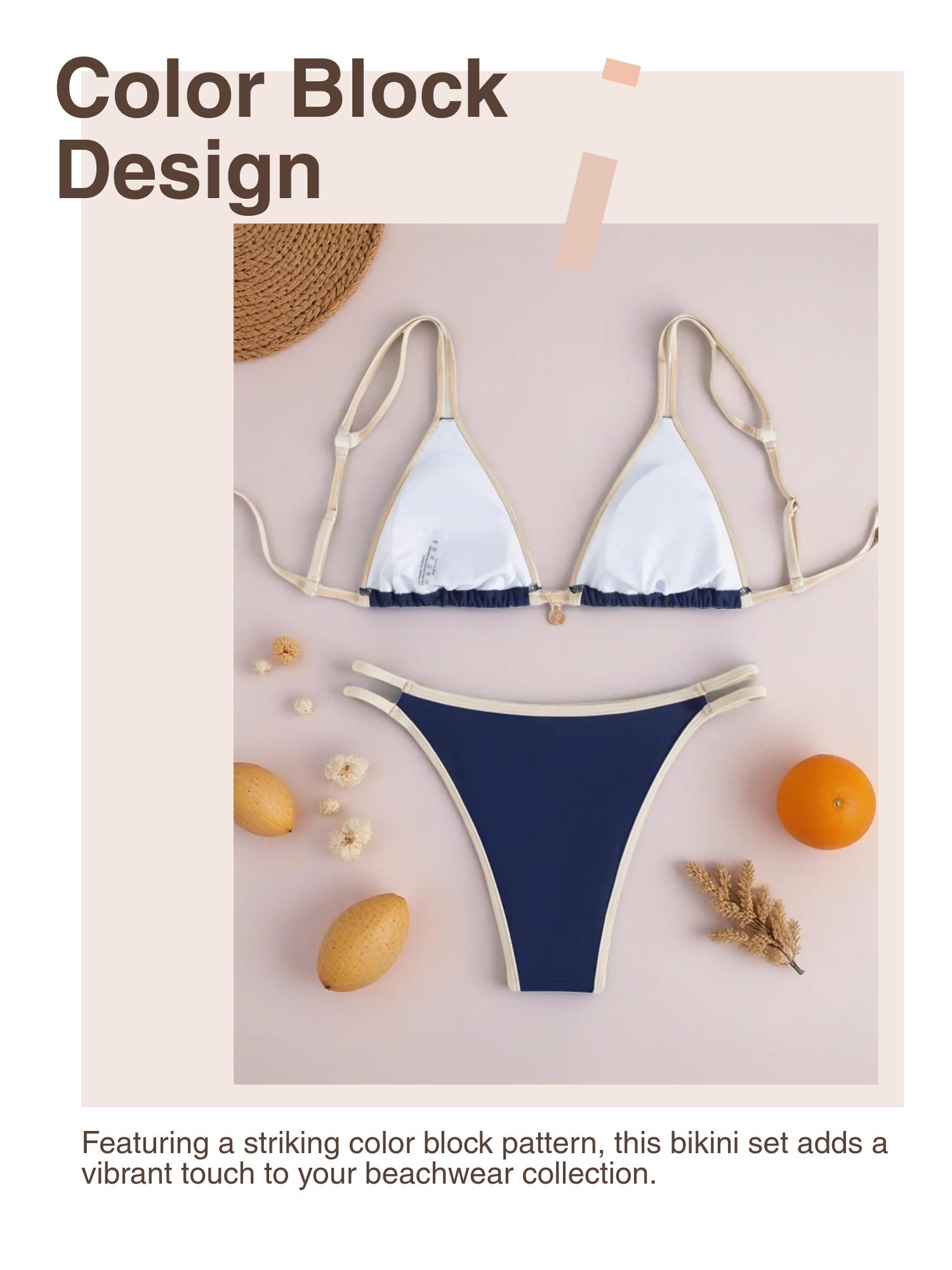 New Color Block Bikini Sexy Set, Colorblock Bikinis Set, Fitted Thin Fabric Swimwear for All Seasons, Sleek Aesthetic Trendy Beachwear for Women