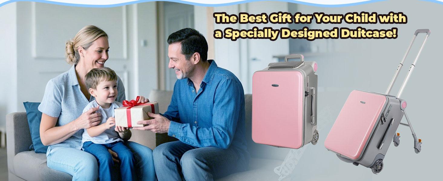 Ride-On Portability Suitcase,Carry on Luggage with Wheels,Portable Storage Luggage,Rolling Travel Luggage With Kids Seat for Airplane,2-in-1 Case（Pink/Blue/Black）