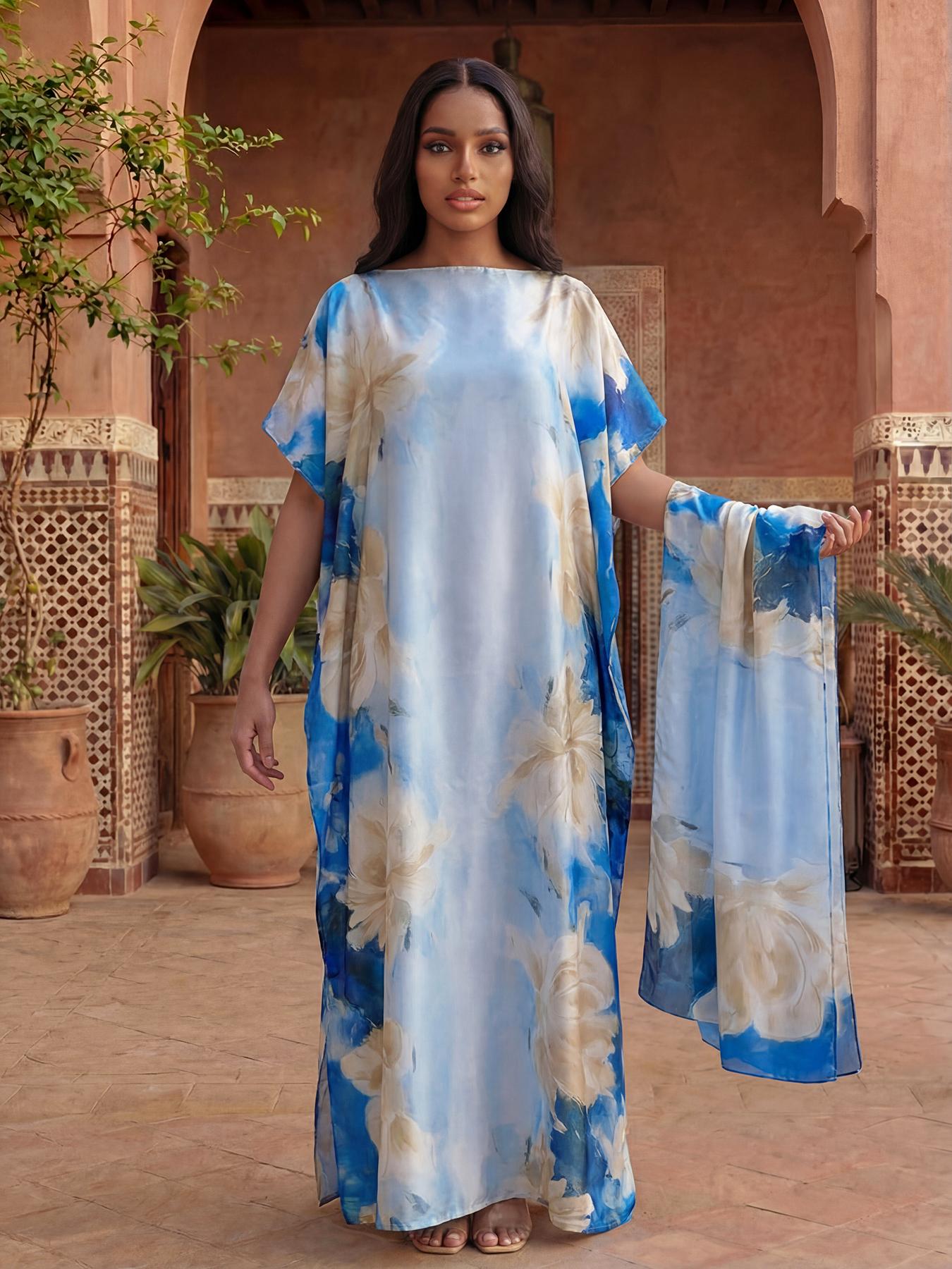 Women's Spring Summer Floral Pattern Robe & Thin Loose Fit Shawl Set, Casual Beach Sun Protection Satin Scarf