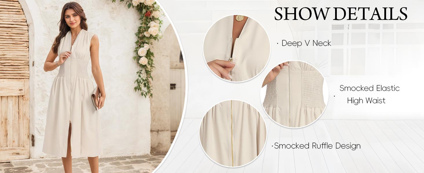 【GUNEST】Women’s Summer Smocked Midi Dress—V-neck, sleeveless/cap sleeve, zipper back, high slit, flowy and elegant for parties, birthdays, or minimalist daily looks. Waist-trainer friendly. Stylish beige essential.