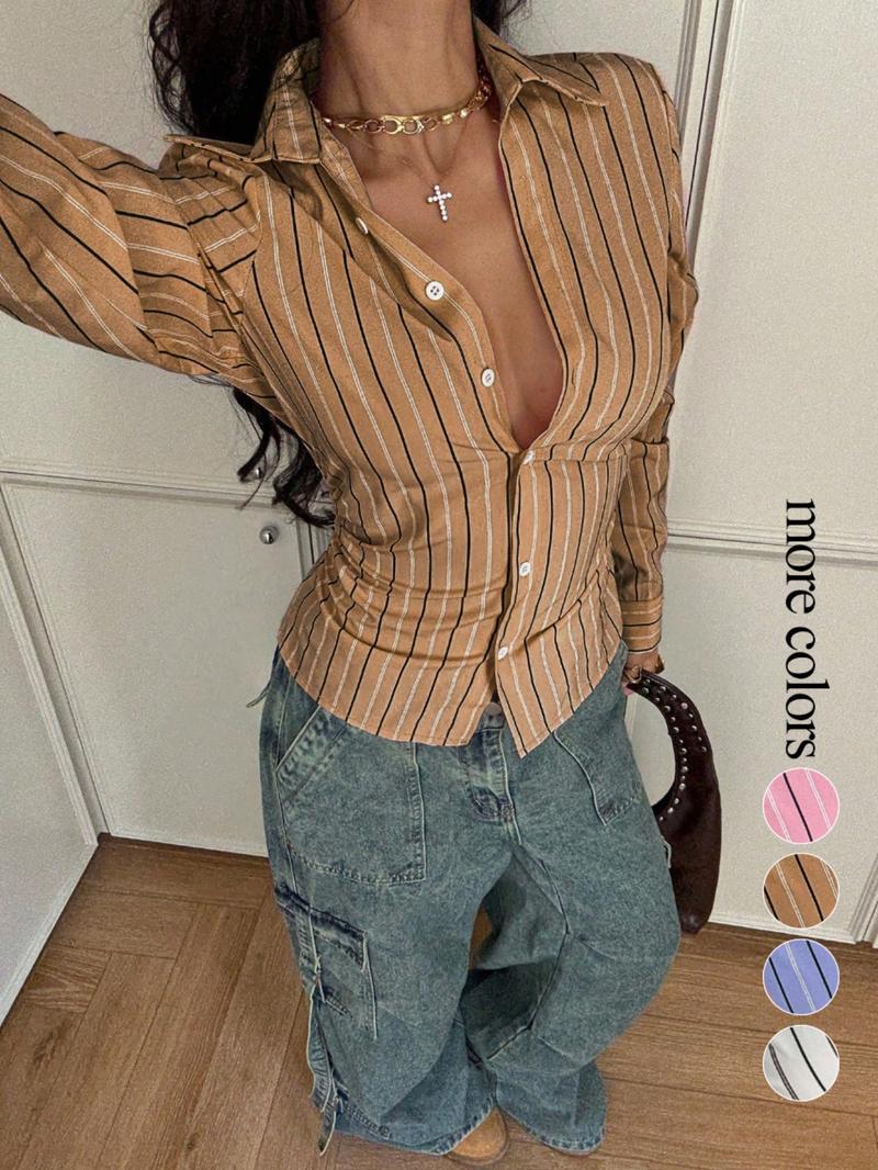 Women's All Over Striped Print Button Front Shirt, Casual Elegance Style, Casual Long Sleeve Top for Spring & Fall, Ladies Clothes for Daily Wear