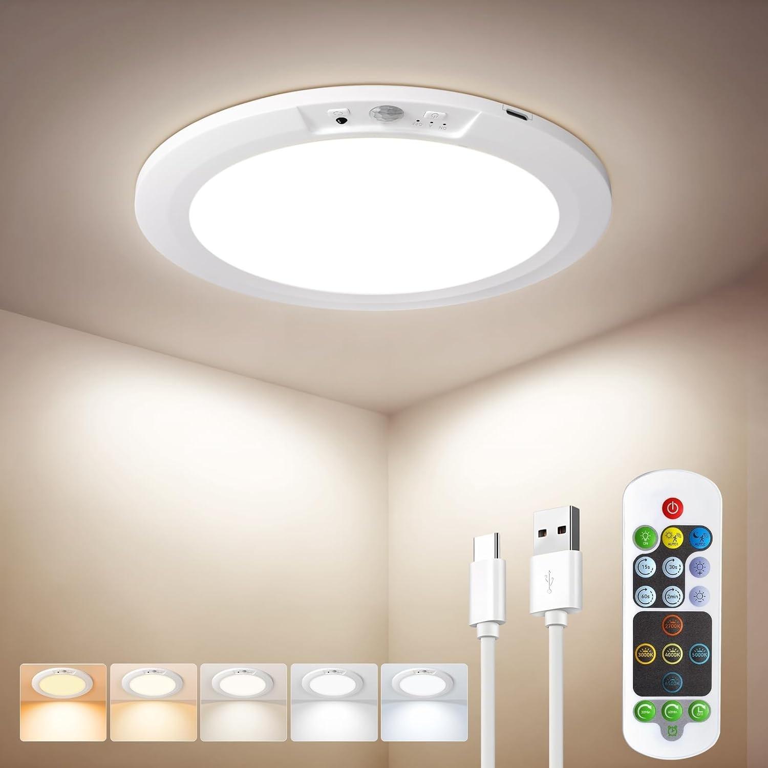 Ultra-Thin Motion Sensor Ceiling Light with Remote Control, Rechargeable Magnetic Wireless Lamp, USB Powered for Closet Shower Stairs Hallway Porch, Indoor Lighting