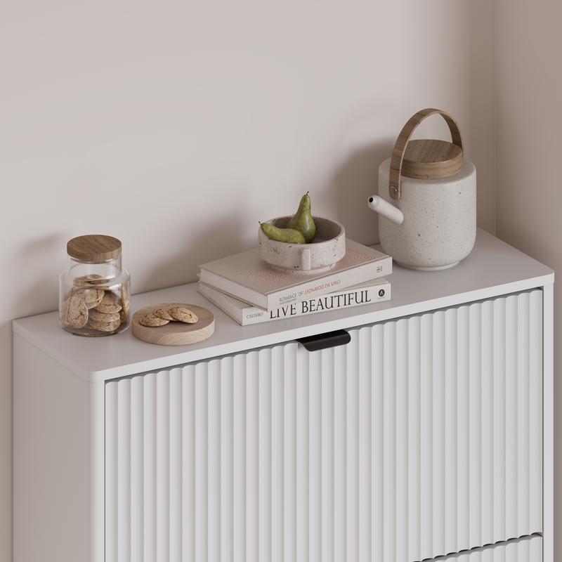 Natural Finish Shoe Cabinet Storage for Entryway with 3 Flip Drawers, Black Fluted Shoe Cabinet with Adjustable Shelves, Wooden Hidden Shoe Rack Freestanding Narrow Slim Shoes Storage for Hallway, Entrance