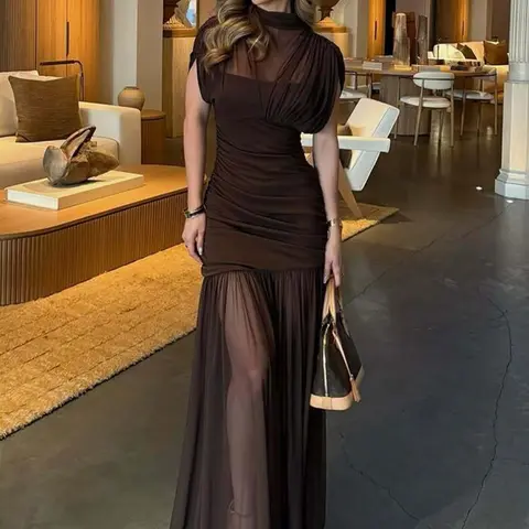 Women's Solid-Color Ruched Sheer-Mesh Bodycon Maxi Dress with Cap Sleeves and Mock Neck, Elegant Formal Wear Evening Gown for Parties and Holiday Events
