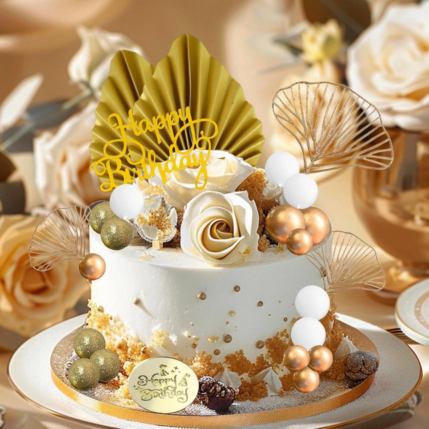 32 Paper Fan Cake Decorations, Baking Cake Decor, Gold Foam Ball Decorations, Birthday Cake Decorations