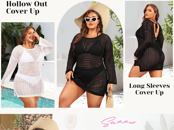 Aqua Eve Women's Plus Size Swimsuit Cover Up - Crochet Bathing Suit Coverups Long Sleeve Swimwear Beach Dress