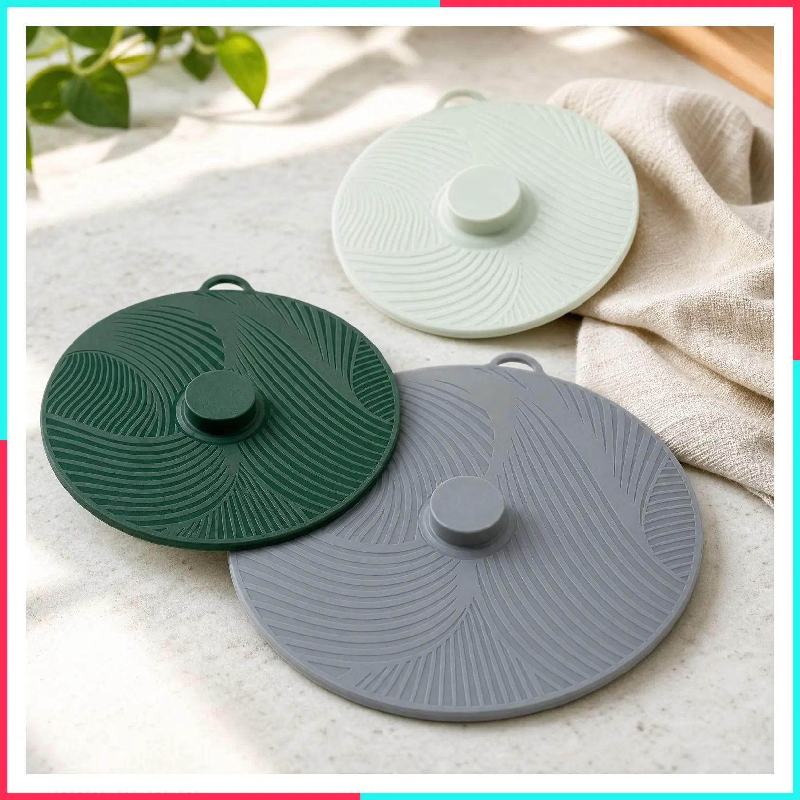 Universal Silicone Lids for Pots and Pans, Heat Safe, Reusable Suction Seal Covers for Bowls, Pots, Cups - Food Grade, Dishwasher Safe, 3 Piece, Gray, Green and Sage