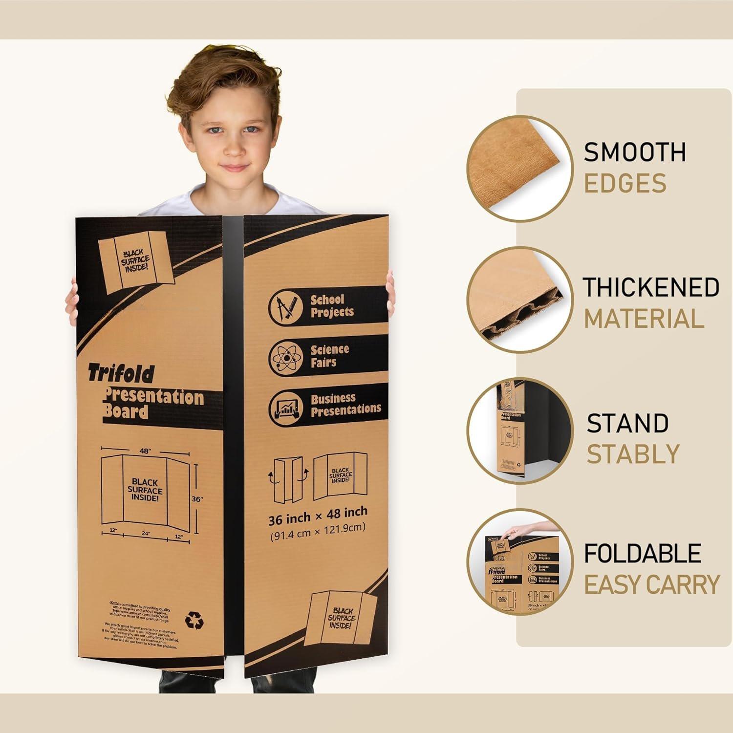 36" x 48" Large Trifold Poster Board, 2 Pack, Black Corrugated Project Boards for Science Fair, School Projects, Event Displays and Business Presentations