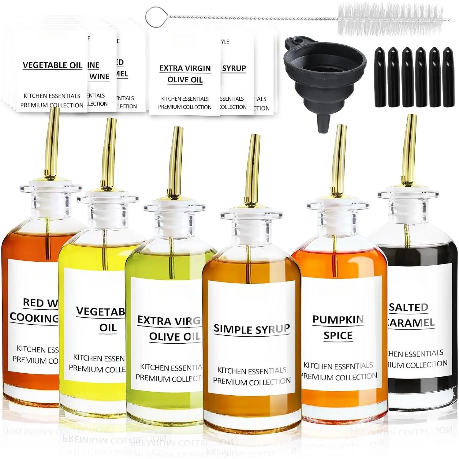 12 OZ Syrup Bottles Coffee Syrup Dispenser Glass Bottle for Coffee Bar for Kitchen, With Metal Pour Spout, Cleaning Brush, Labels and Stopper, for Maple, Honey, Syrup and Olive Oil. (6 Pack)