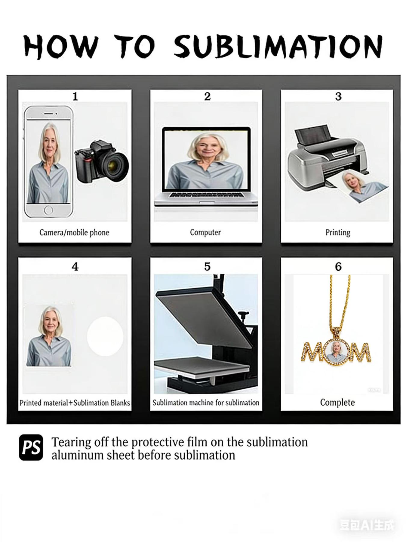 6pcs Heat Transfer Blank Mom Rhinestone Necklace, Custom Photo Pendant, Mother's Day Gift, Chain, DIY Jewelry Making Kit