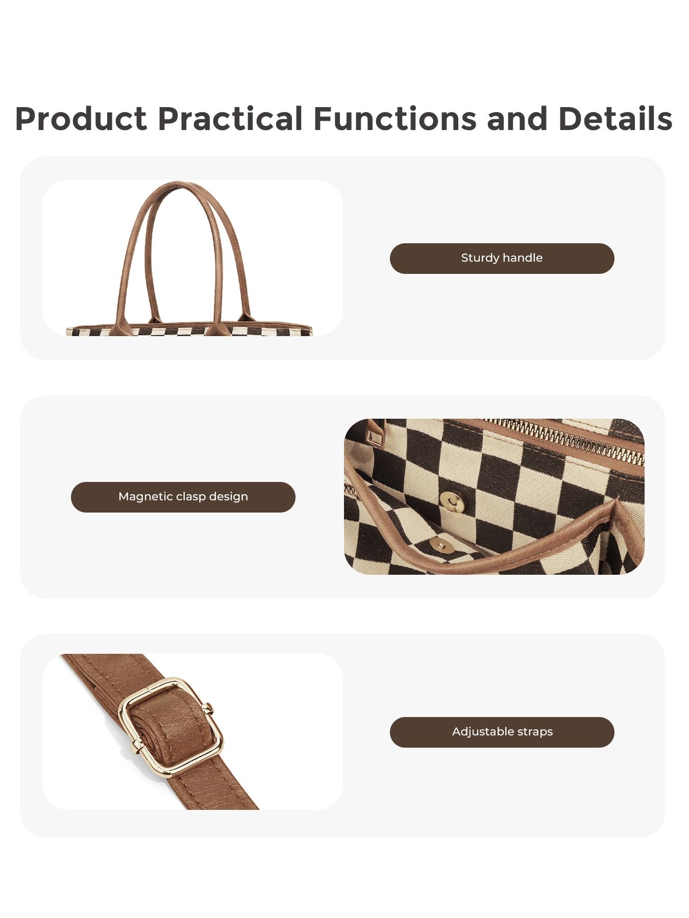 Women's Checkerboard Pattern Zipper Crossbody Tote Bag, Large Capacity Multi-Pocket Design Portable Shoulder Bag For Daily Used, Girl Fashionable Shopping Bag