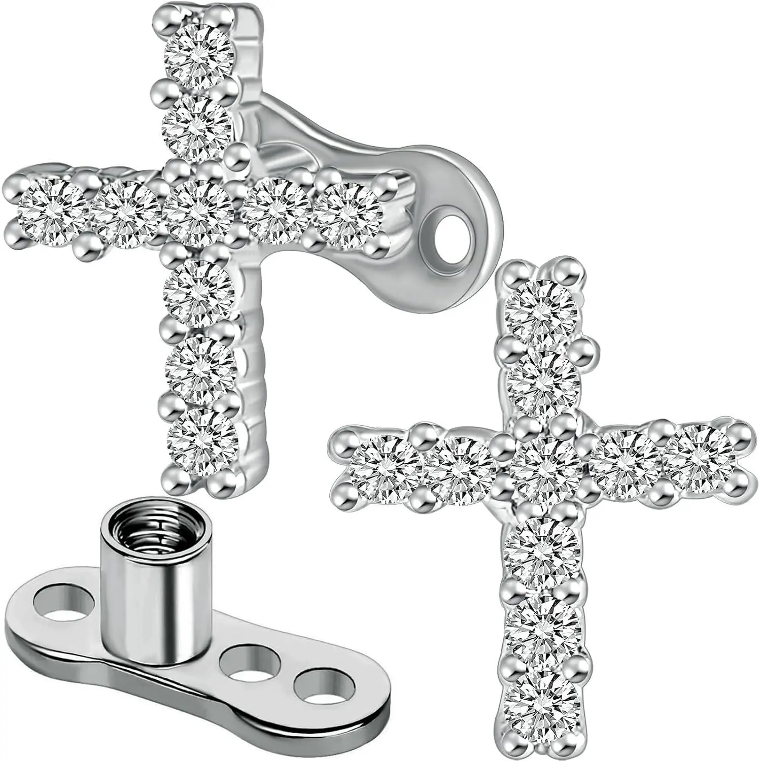 Unisex 2pcs 14G Stainless Steel Cross-Shape Microdermals, Cubic Zirconia Internally Threaded Dermal Anchor Tops & Bases, Crucifix Studs Body Piercing Jewelry