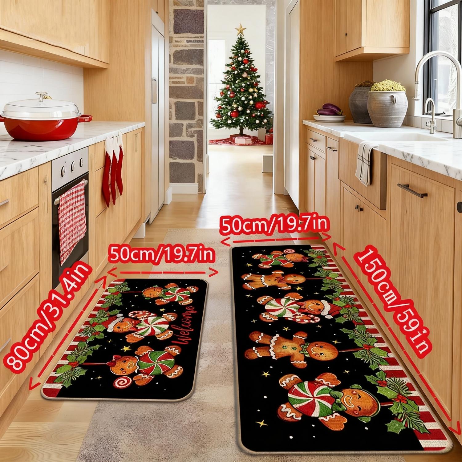 2 Counts Christmas Kitchen Rug Set, Santa Gingerbread Man Christmas Tree Dwarf Gnomes Pattern, Non-Slip Soft Low Height, Holiday Party Floor Mat Home Decor, Home Decor Rugs