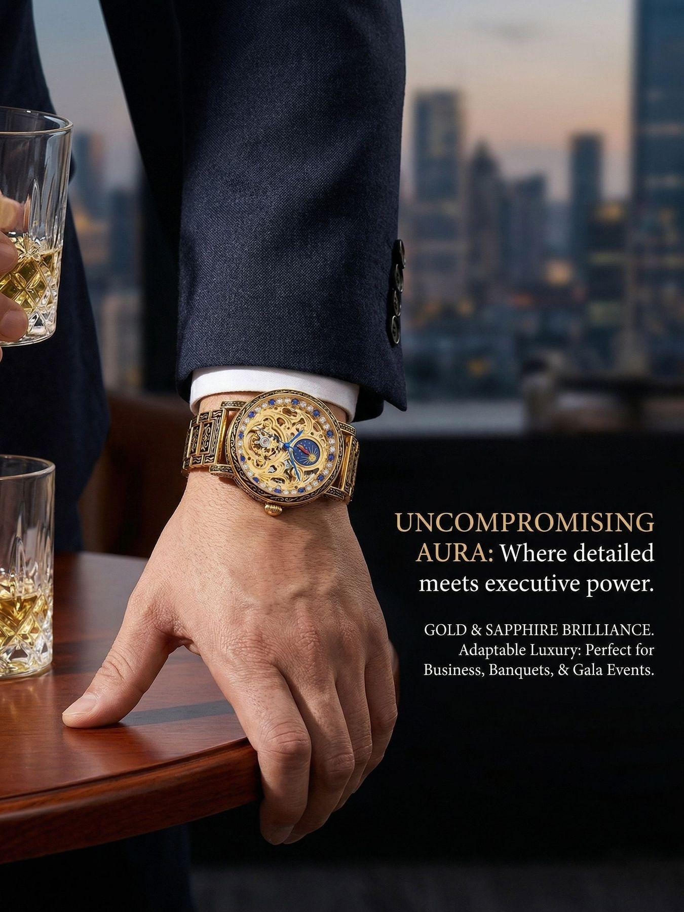 A men's luxurious gold openwork vintage engraved moon-phase large dial trend-forward and fashionable fully automatic mechanical wristwatch