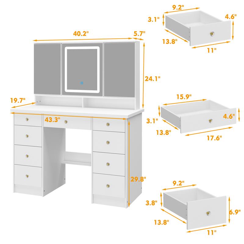 FUFUGAGA-43.3"W Vanity Desk With 9 Drawers, Makeup Desk With 3-Mirror And Touch Screen Light, Dressing Makeup Table For Bedroom