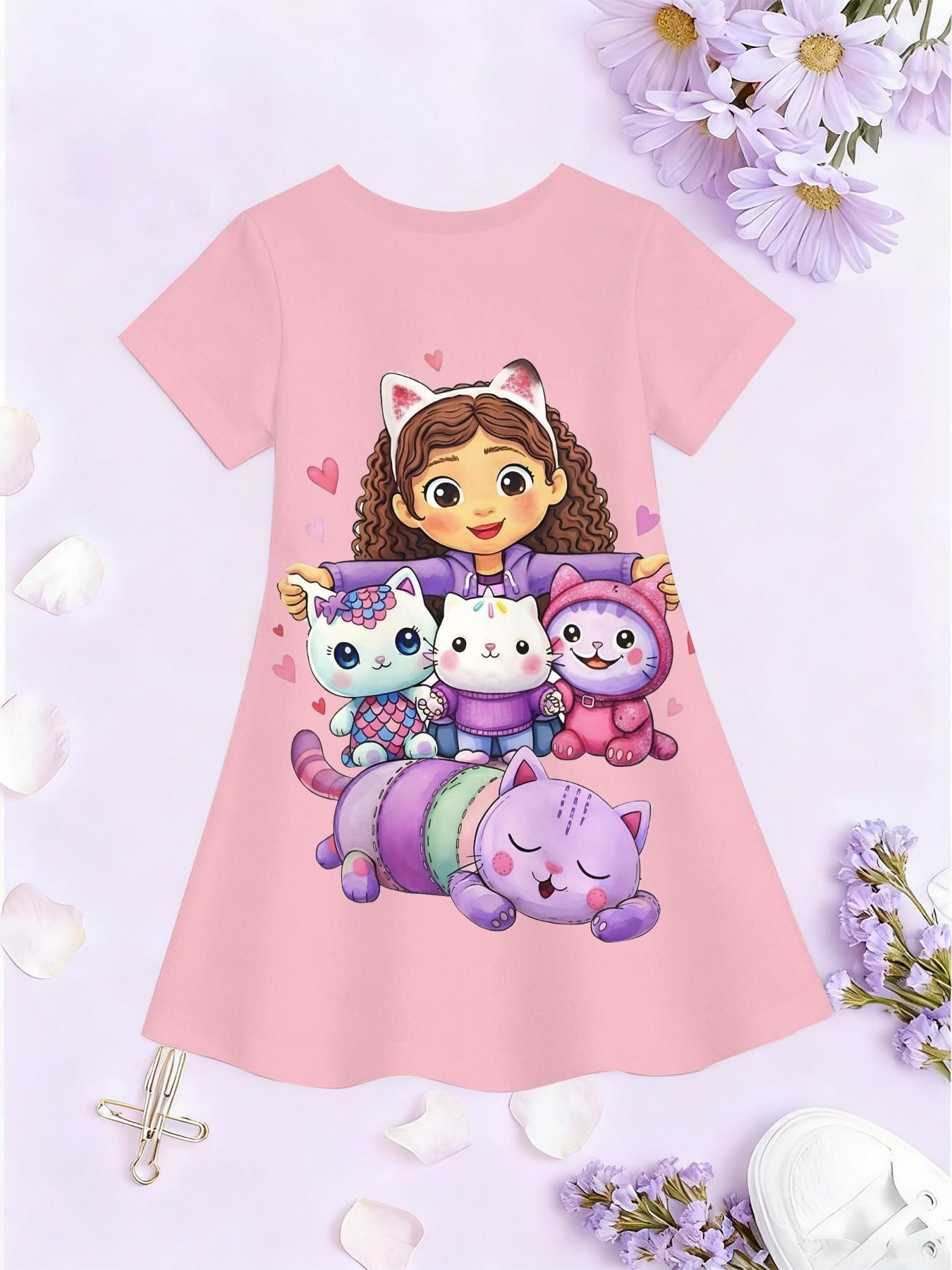 Girls' Cartoon Cat Full Print Dress, Short Sleeve A-Line Summer Casual Dress, Birthday Gift, Festival Gift, Fitted Style