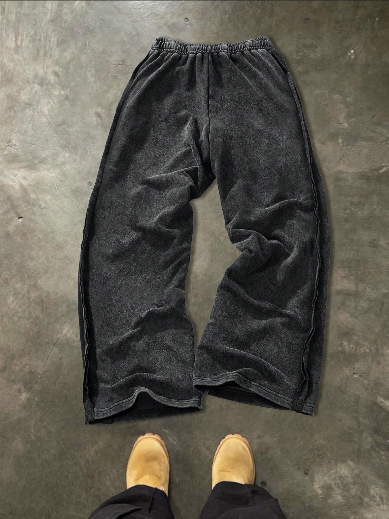Men's Washed Frayed Edge Wide Leg Oversized Sweatpants, Elastic Waist, Long Drop Pants, Casual Leisure Wear, Comfortable and Stylish