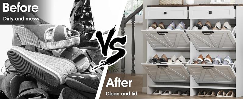 Vabches Shoe Cabinet with 4 Flip Drawers & 2 Drawers,Farmhouse Shoe Storage Cabinet for Entryway,Slim Freestanding Organizer Rack for Front Door Entrance