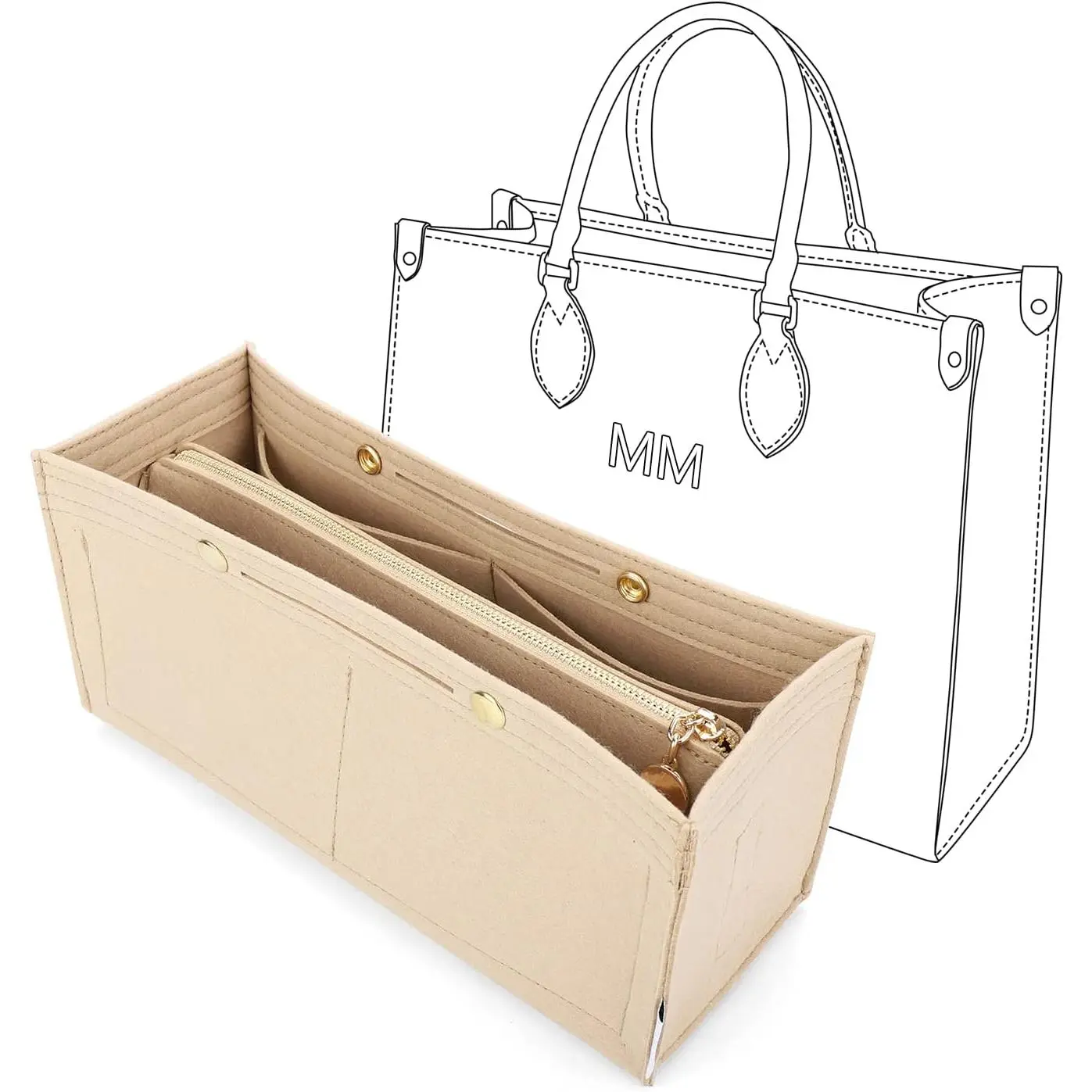 Felt Purse Organizer Insert,Handbag Organizer with Detachalbe Zipper Pocket for ONTHEGO PM,3 Size 8034 Beige Small