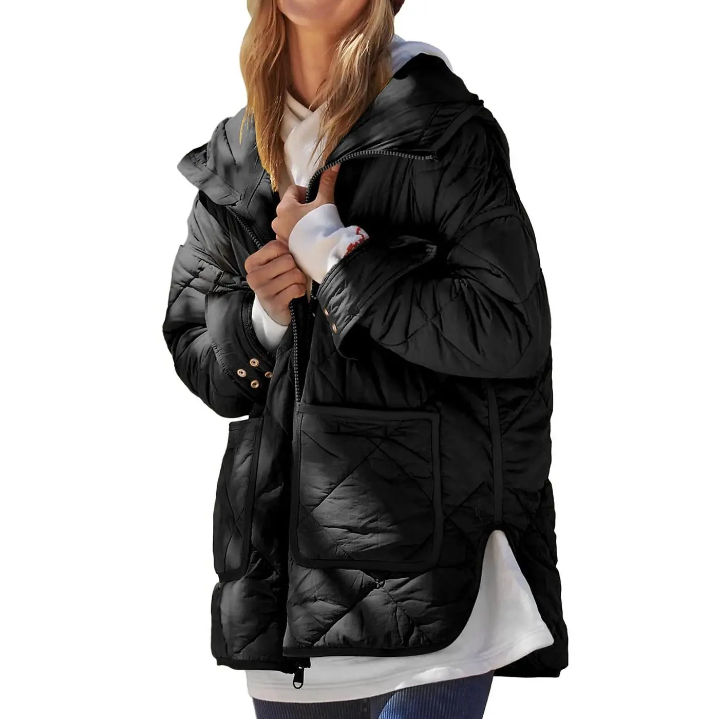 Tankaneo Womens Quilted Puffer Jacket Hooded Long Sleeve Zip Up Winter Coat Lightweight Warm Jackets with Pockets