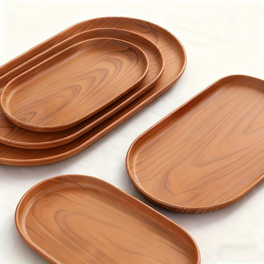 3 Piece Large Tray Set, Snack Trays, Tea Cup Trays, Salad Serving Plates, Faux Wood Grain Modern Design, Stackable Reusable Plastic Trays, Easy Clean