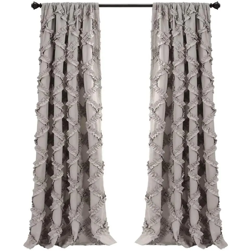 Gray Ruffle Textured Window Panel Pair - 95x54" Set of 2 Curtains for Living Room Decor, Bedroom