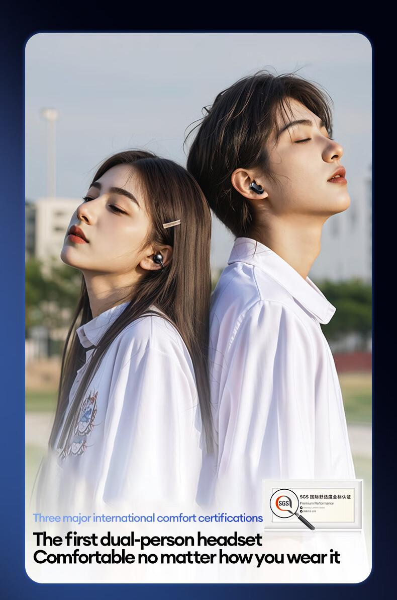 In-ear & clip-on 2-in-1 wireless Bluetooth headset Bluetooth 6.0 IPX5 sports waterproof and sweatproof Two earphones connected at the same time for uninterrupted listening Couple earphones