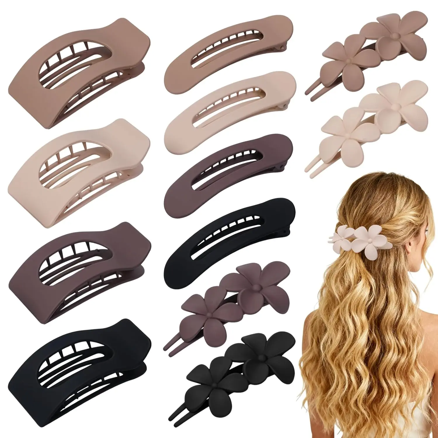 12 Pack Flat Hair Clips for Women – Matte Neutral Square Claw Clips, Flat Barrettes & Flower Pins in Black, Blonde,Light Brown & Dark Brown, Soft  Hair Accessories for Thick & Thin Hair