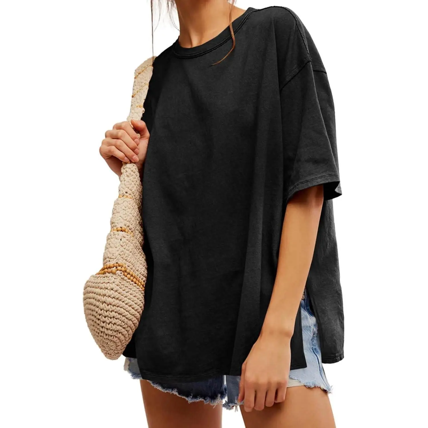 Womens Oversized Tshirts Summer Casual Short Sleeve Crew Neck T Shirt Loose Fit Side Slit Tee Tops