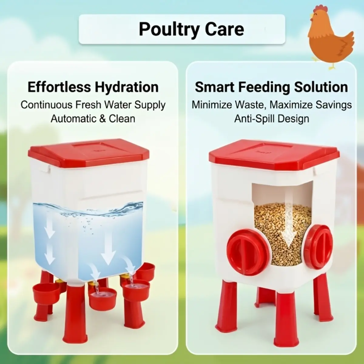 Automatic poultry waterer and feeder—features a float valve to control the water level. High-capacity water supply system suitable for poultry; ideal for ducks, quail, turkeys, and chicks.