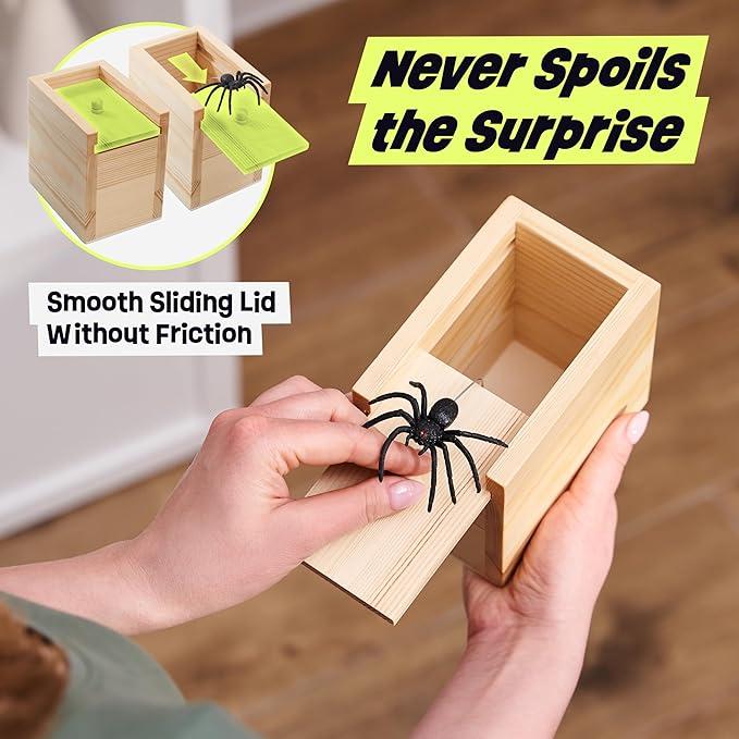 The Original Spider Prank Box- Funny Wooden Box Toy Spider Prank, Hilarious April Fools Day, or Birthday Surprise Toy and Gag Gift Practical Joke Bromas Kit