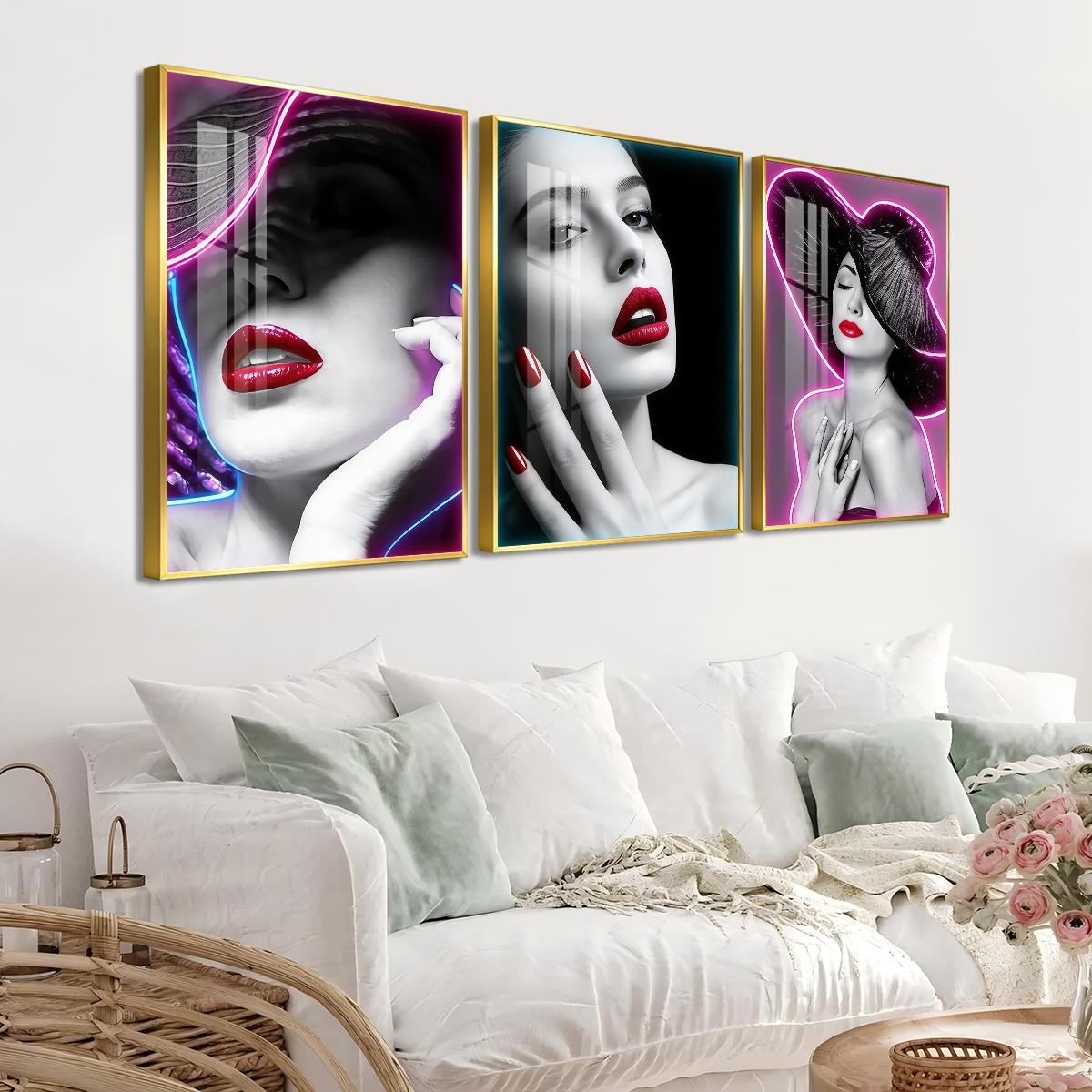 3 Counts Aluminum Alloy Framed Painting, Neon Beauty Portrait Art With Red Lips And Nails, Home Decoration For Living Room, Bedroom, Office, Restaurant, Hallway Wall Decor, Odorless Print Artwork, Luxury Perfect Gift For Friends And Family