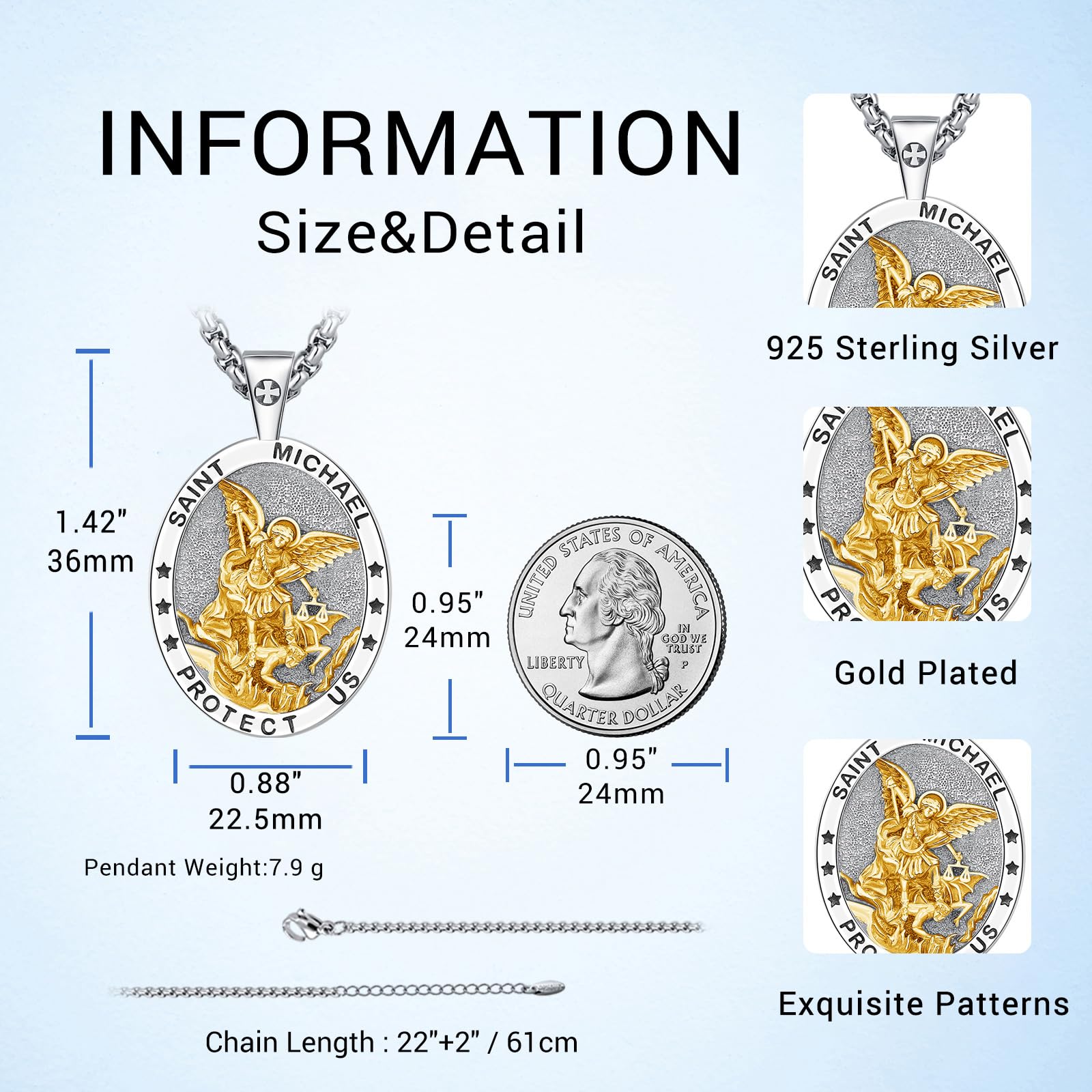 DRINSPER S925 Golden St Michael Necklace Protection Amulet the Archangel Saint Michael Protect Us Catholic Talisman Daily Wear Jewelry for Men