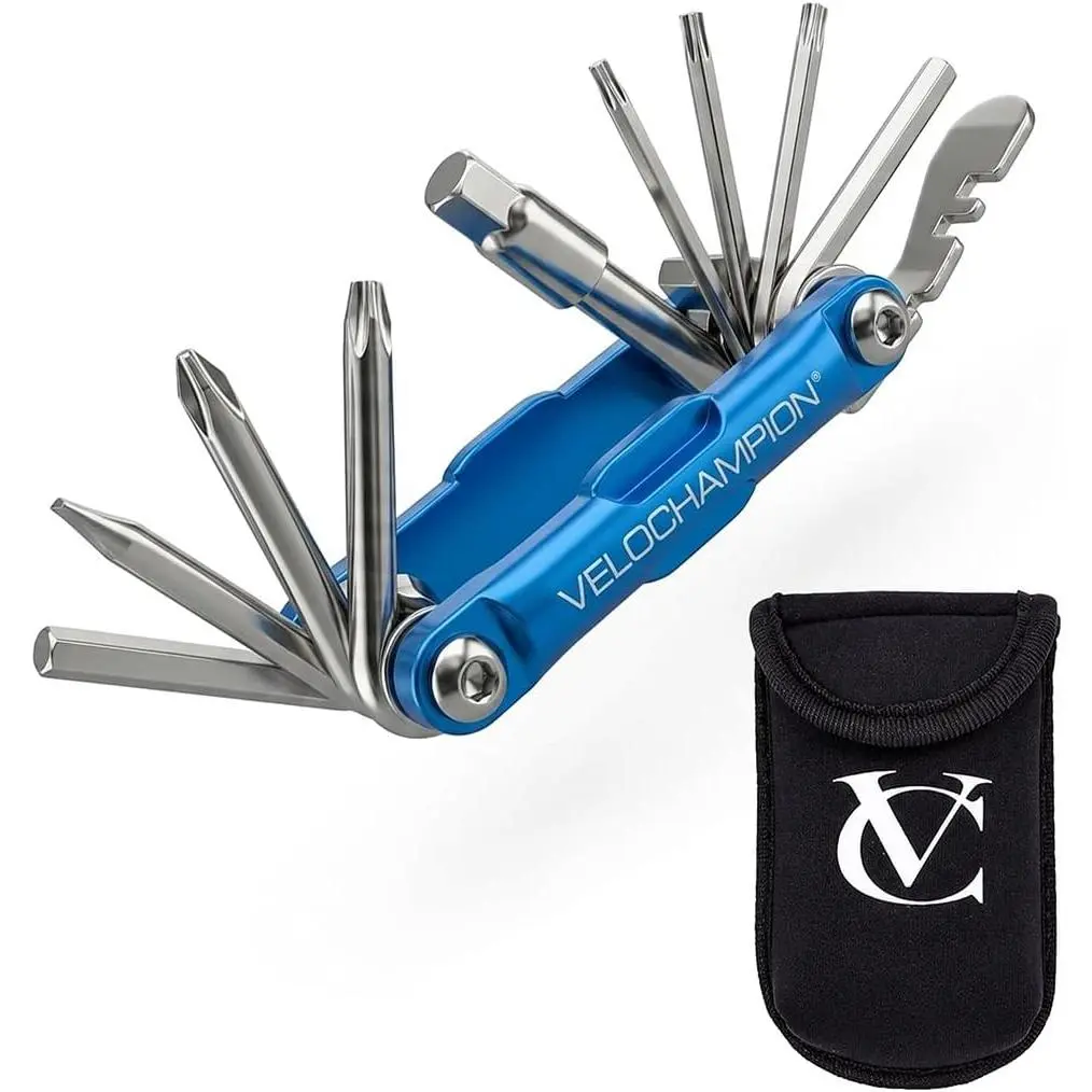 VeloChampion Compact Metallic 14-in-1 Mini Bike Multitool Kit - Bike Users' Roadside Maintenance Tool with Compact Grip, Case, Hex Key Set, Spoke Wrench, Screwdrivers, Tire Lever, Bottle Opener