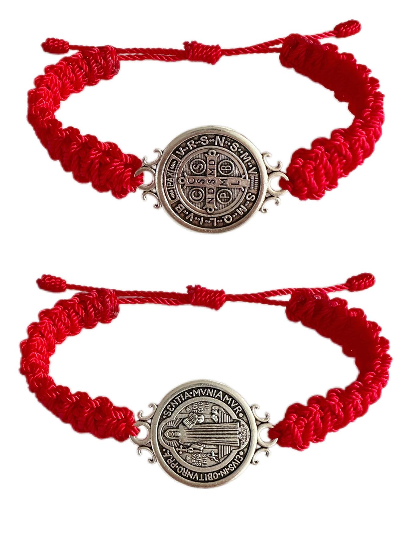 2 Pcs Red St. Benedict Bracelets with Cross Charm and Black Adjustable Cord, Saint Benedict Medal, Catholic Religious Symbolism Jewelry Gift for Men and Women, Religious Wristband, Prayer Bracelet