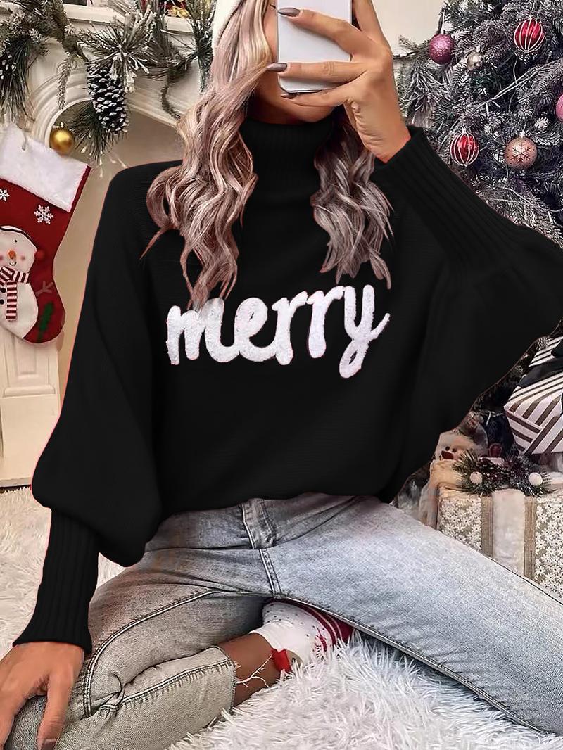 Women's Letter Pattern Batwing Sleeve Turtleneck Sweater, Casual Long Sleeve Jumper for Fall & Winter, Fashion Ladies' Knitwear for Daily Wear