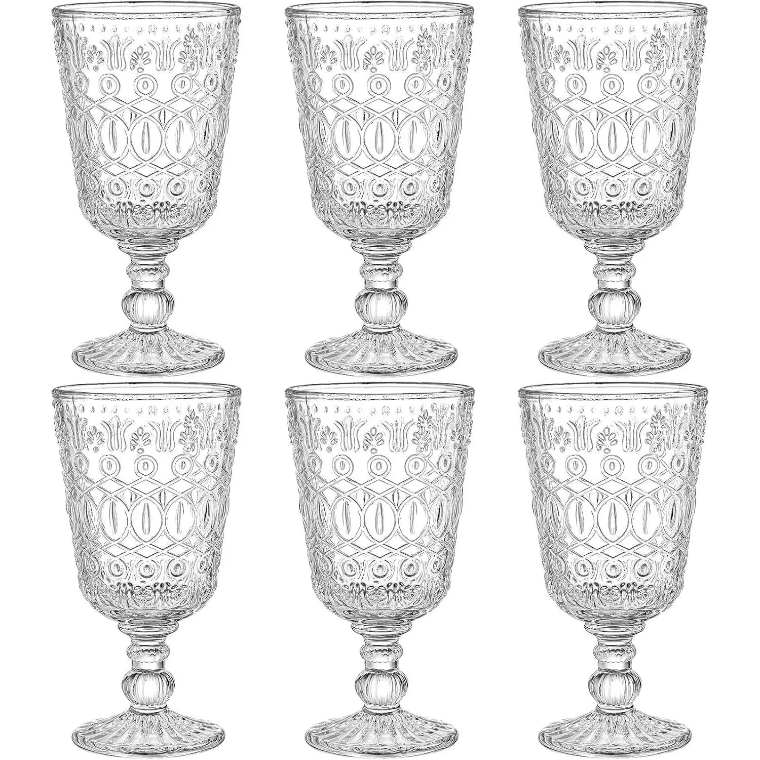 Set of 6 Vintage Wine Glasses 10oz Clear Glass Goblet Handmade Pressed Water Drinking Cup with Stem for Party Wedding