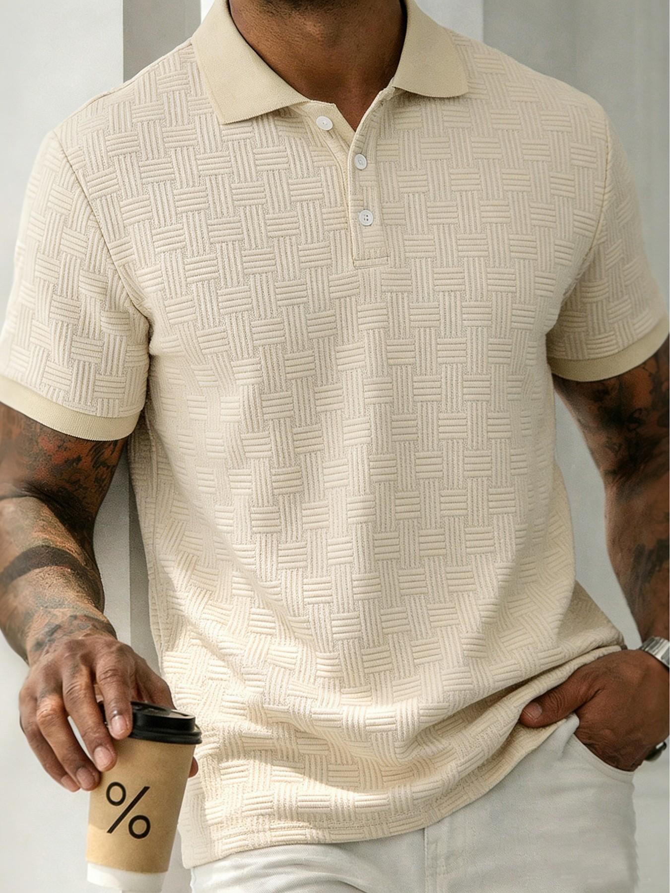 Men's Retro Colorblock Polo Shirt, Textured V Neck Short Sleeve Top, Casual Street Style, Summer Fashion, Fitted Leisurewear Men's Retro Colorblock Polo Shirt, Textured V Neck Short Sleeve Top, Casual Street Style, Summer Fashion, Fitted Leisurewear