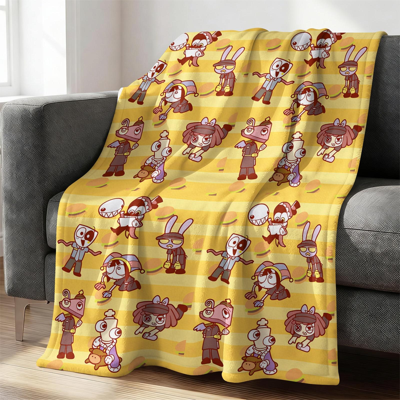 Trendy Digital Circus All-Character Print Blanket, Cartoon Anime Peripheral Flannel Nap Blanket, Warm Sofa Cover Blanket for Home & Student Dorm, Flannel Cozy Blanket