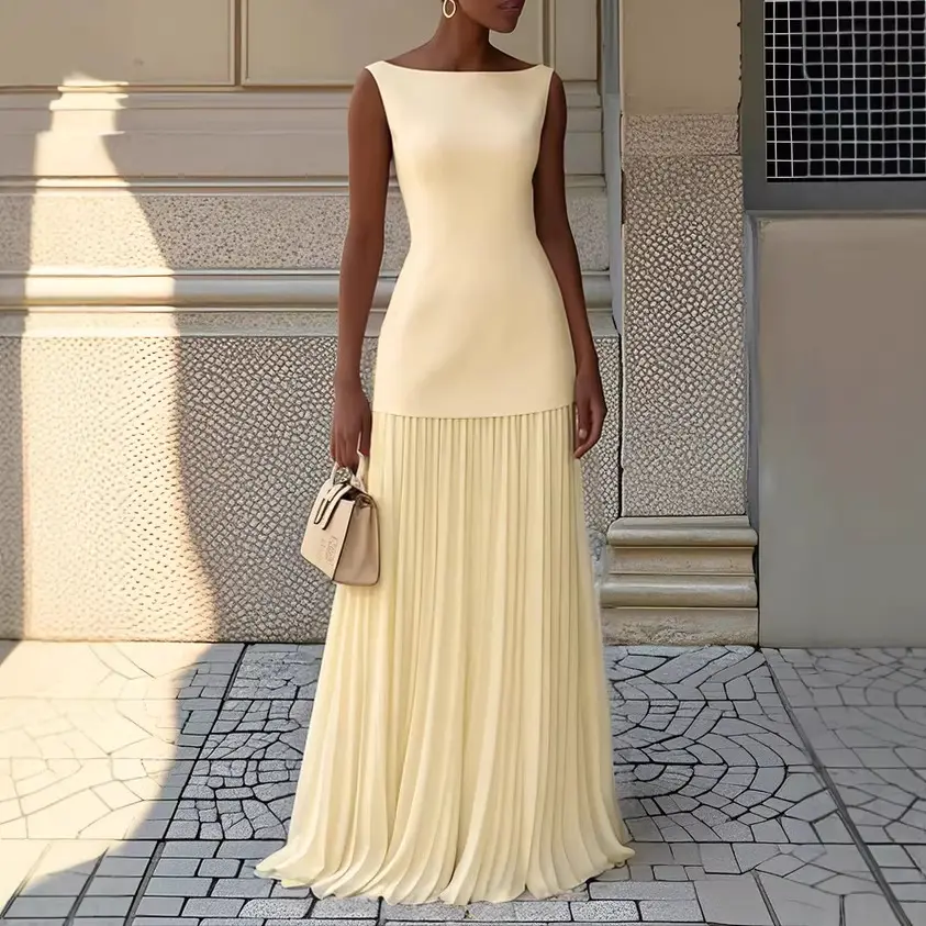 Women 2 Piece Knit Outfit Sleeveless Boat Neck Knit Tank Top Pleated Maxi Skirt Matching Set Elegant Party Dress Set