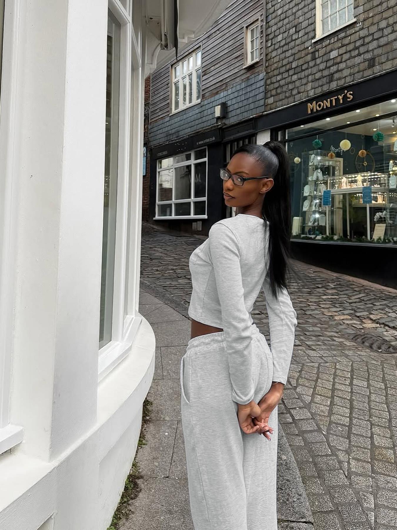 Women's Casual Slim Fit Long Sleeve Crop Top & Pants Set, Solid Color Two-Piece for Fall Season, Comfortable Fitted Clothing Ensemble