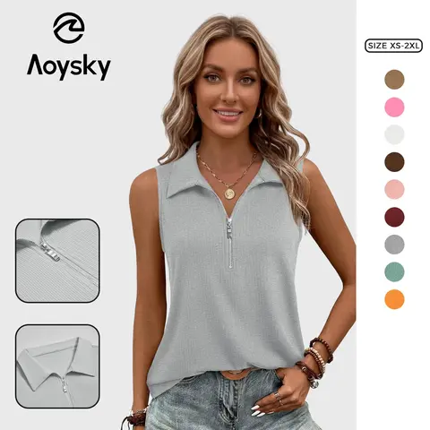 Aoysky Women's Soft Ribbed Sleeveless V-Neck Zip-Up Basic H-Type Tank Top - Stretchy, Fitted, Light & Airy Wear, Layerable, Adjustable Zipper Height, All Seasons Business Casual Office Top