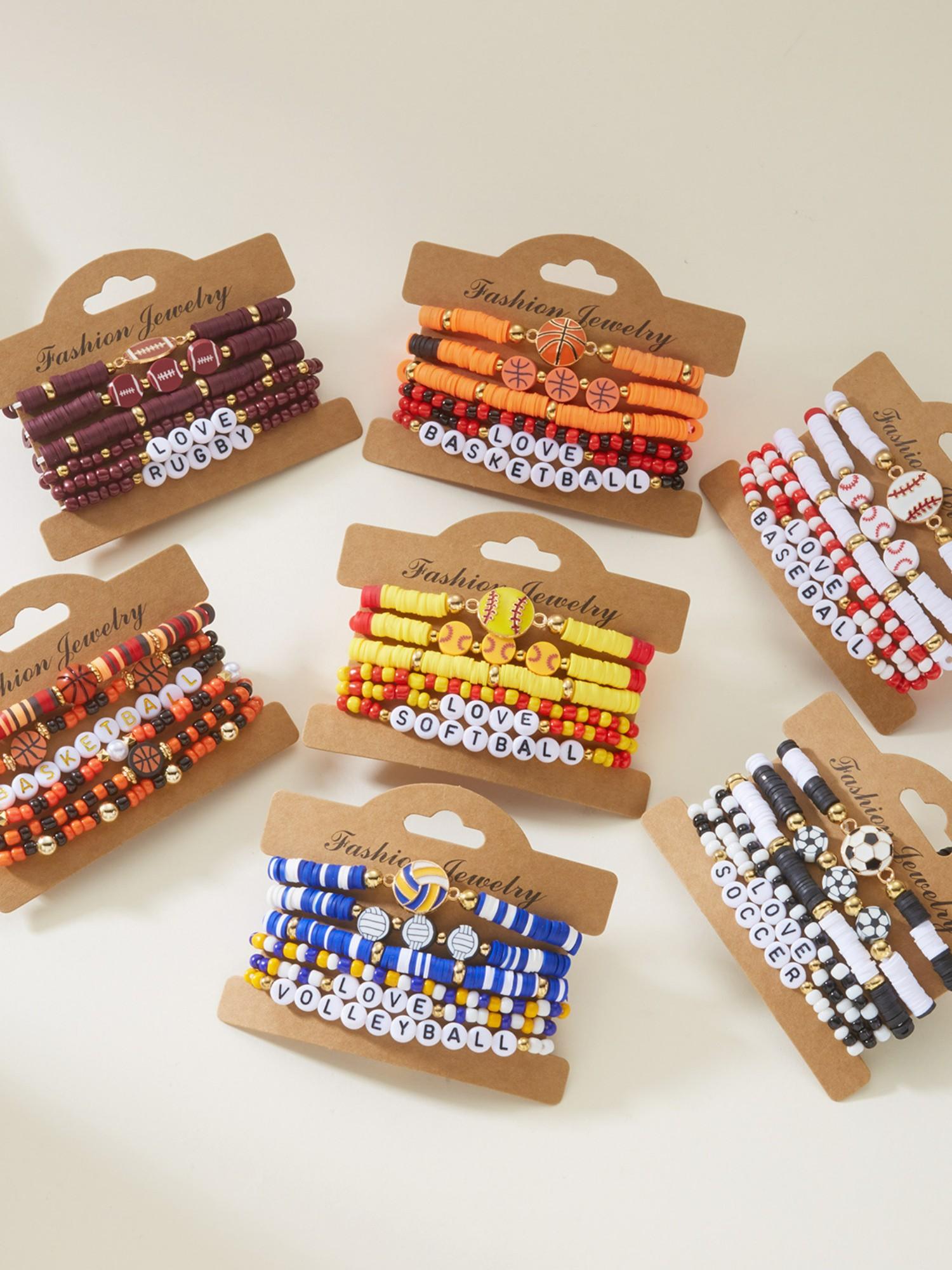 Basketball Rugby Beaded Bracelet Set, Fashion Sports Style Elastic Soft Clay Bracelets, Trendy Athletic Jewelry for Men and Women