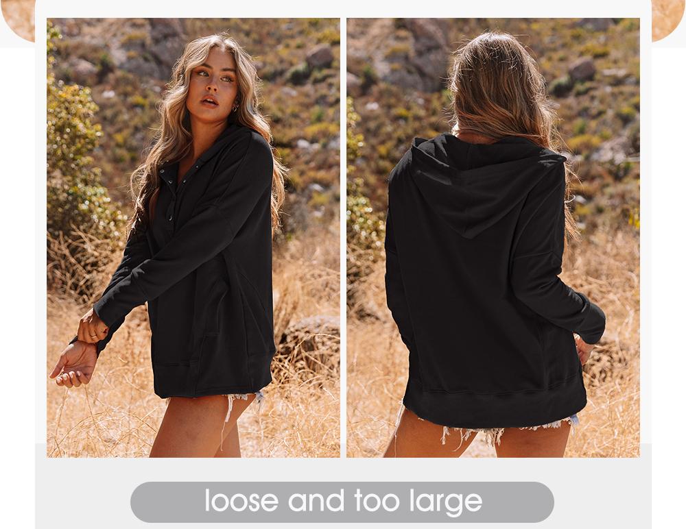 EVALESS Women's Casual Oversized Sweatshirts Hoodies Basic Button V Neck Long Sleeve Hooded Cotton Breathable Henley Pullover Tops 2026 Womenswear Winter Fall Outfits Clothes with Pockets