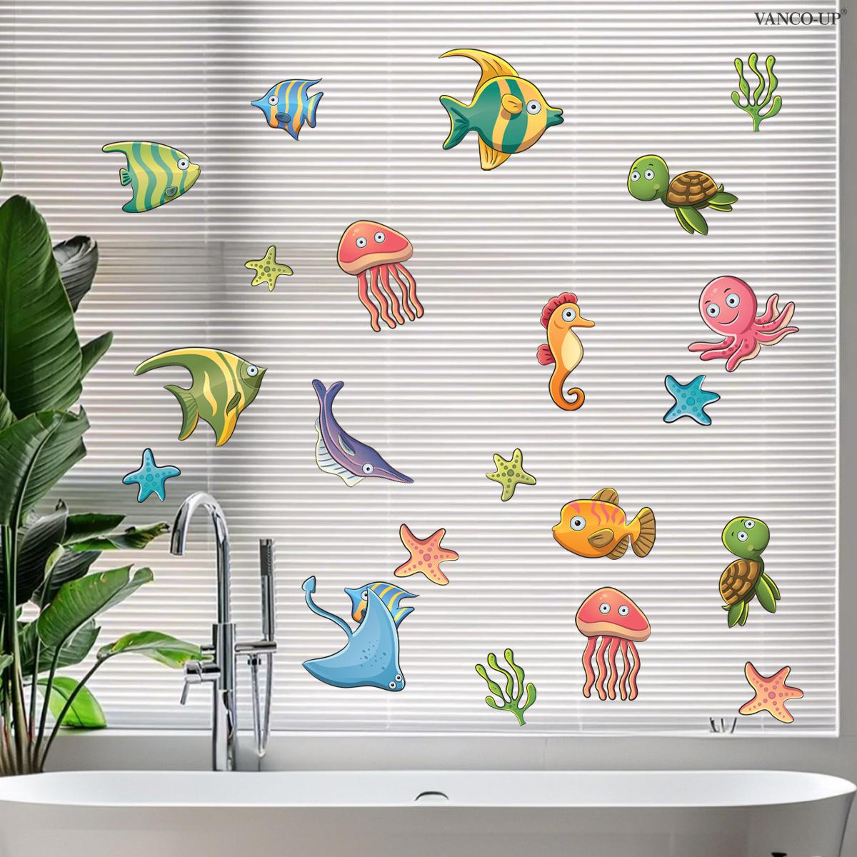2D Flat 30×60cm Cartoon Colorful Sea Creatures Static Window Clings for Kids Bedroom Glass Decor