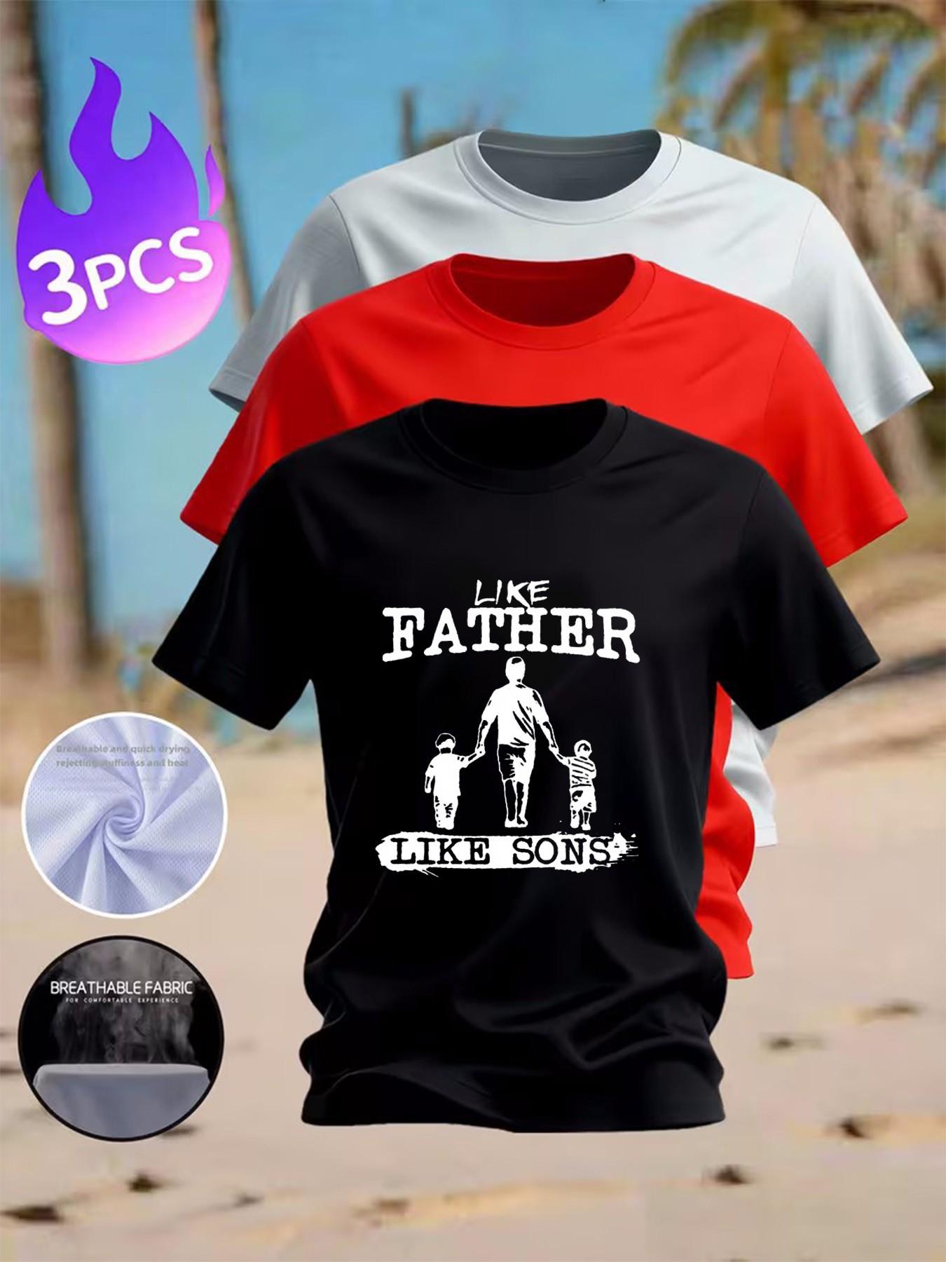 3-Pack Men's Family Matching Print T-Shirts, Casual Breathable Cotton Round Neck, Ideal for Daily and Family Wear, Sporty Style