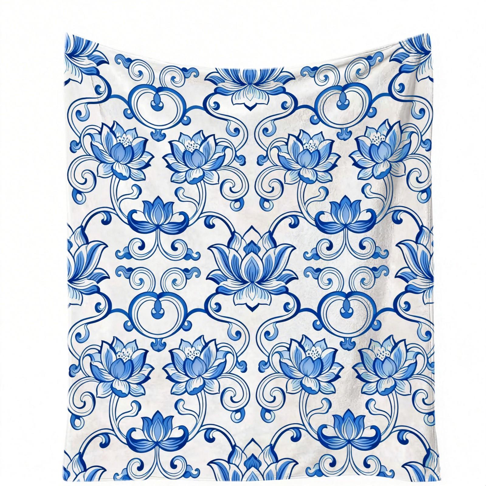 1 Pack Blue and White Porcelain Lotus Single-Side Printed Flannel Blanket, HD Digital Print Chinoiserie Floral Ultra-Soft Plush Throw Blanket, Warm Cozy Multipurpose All Season Gift Blanket for Couch Bed Travel