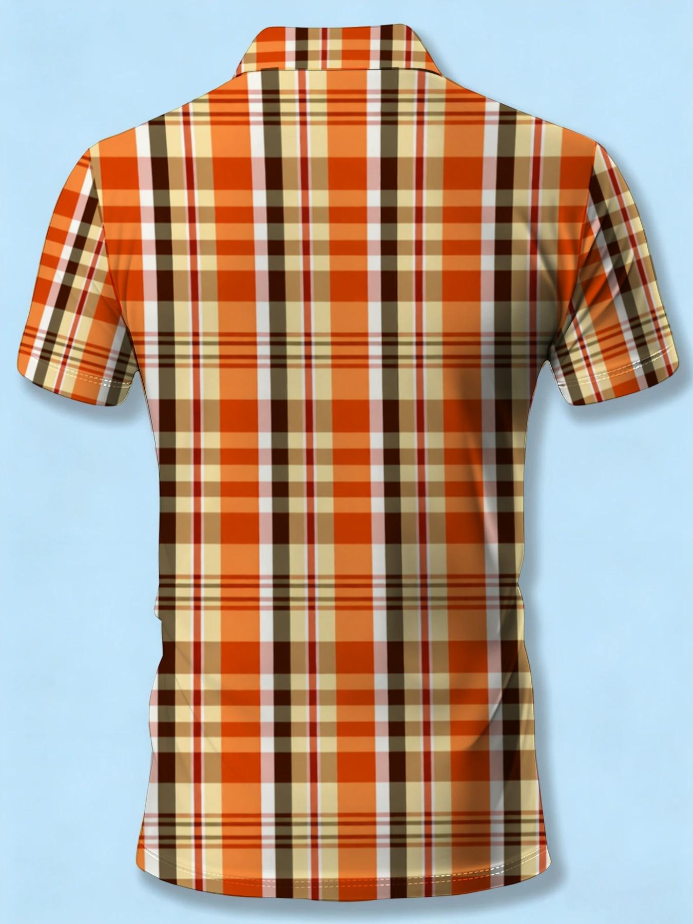 Orange Plaid Short Sleeve Polo Shirt, Men's Casual Business Top, Summer Breathable Fashion
