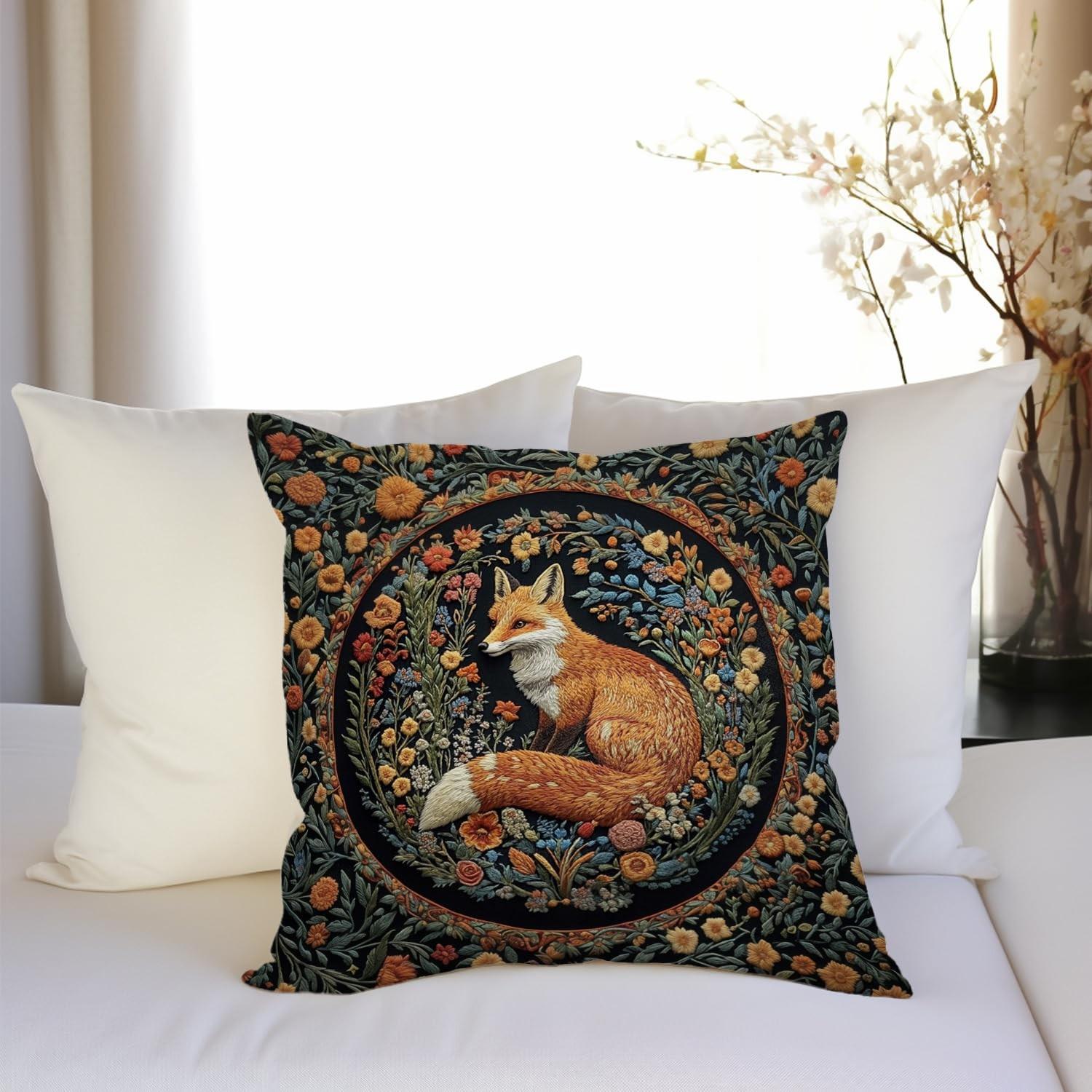 1pc Retro Floral and Fox Decorative Throw Cushion Cover, Zippered closure, Machine washable, Suitable for living room, bedroom, sofa, car decoration, seat cushion cover (only includes the cover, not including the pillow core).